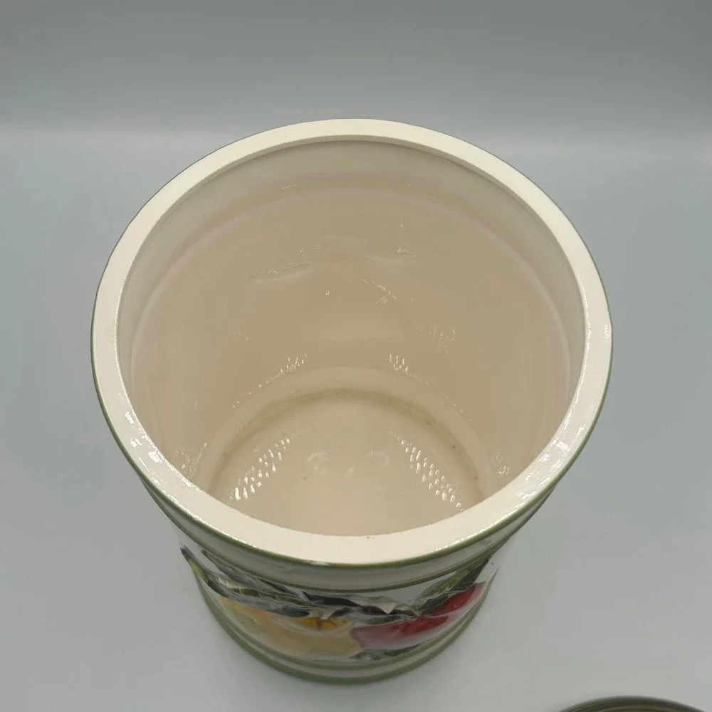 Ceramic Fruit Kitchen Canister with Lid Embossed Apple Pear White Green Trim